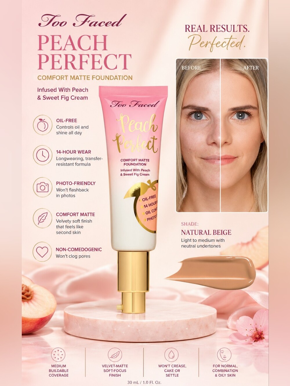 Too Faced Peach Perfect Comfort Matte Foundation - Natural Beige